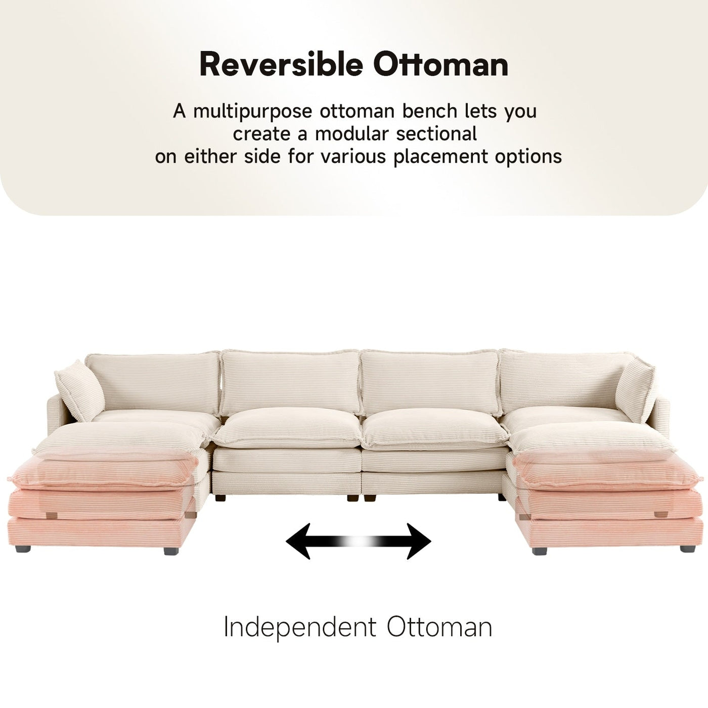 Canapé sectionnel en velours côtelé avec poufs amovibles et coussins ultra-doux pour salon et chambre