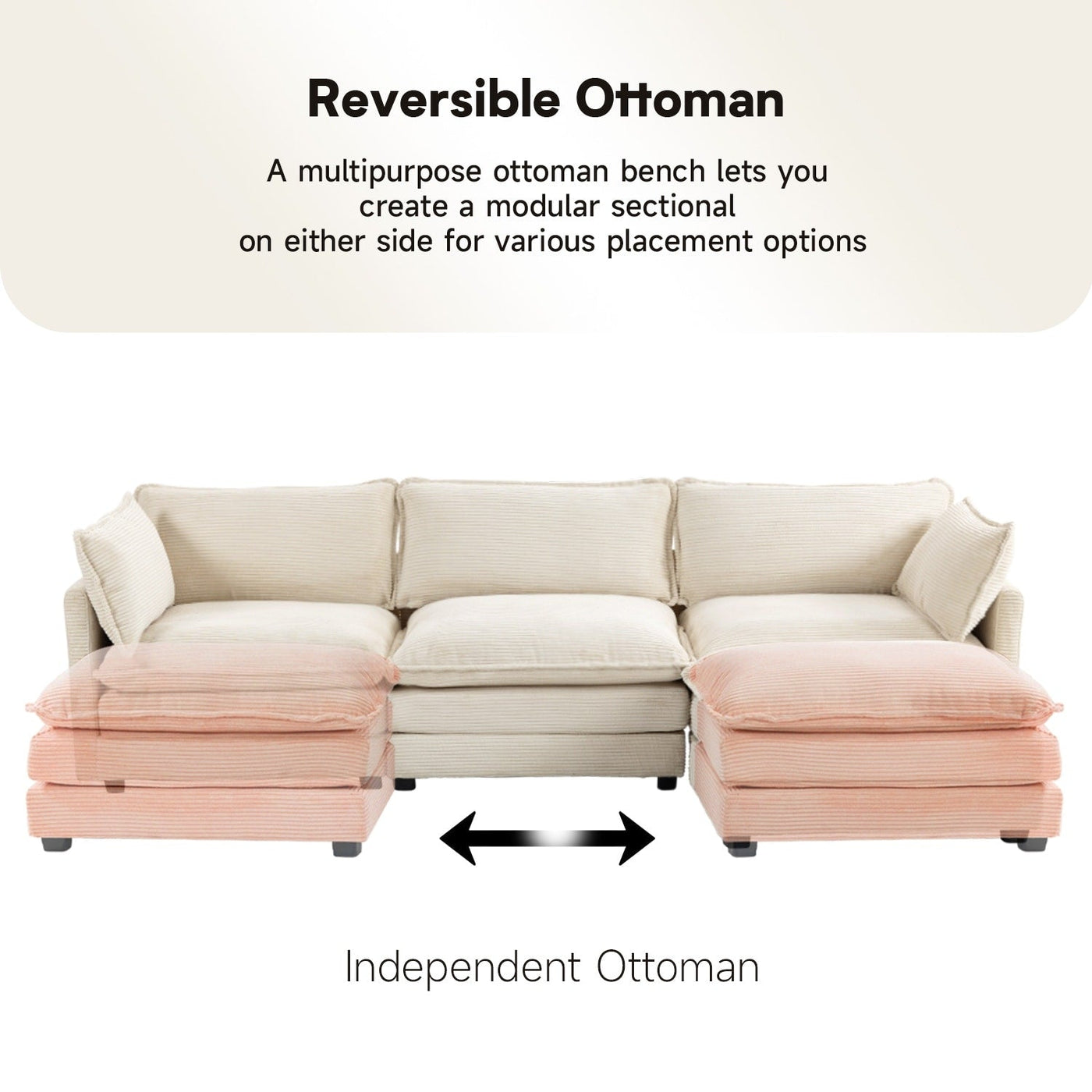 Canapé sectionnel en velours côtelé avec poufs amovibles et coussins ultra-doux pour salon et chambre