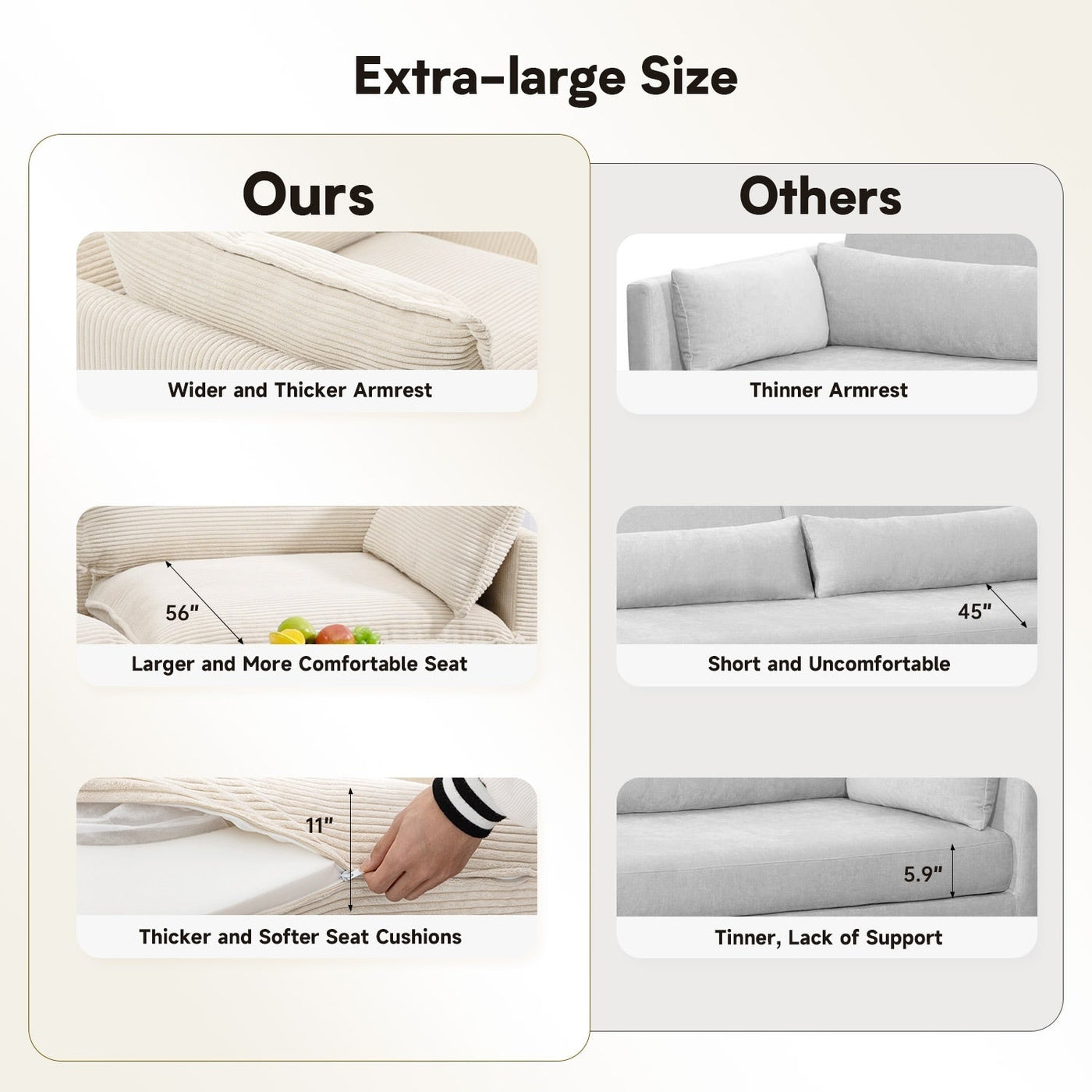 Canapé sectionnel en velours côtelé avec poufs amovibles et coussins ultra-doux pour salon et chambre