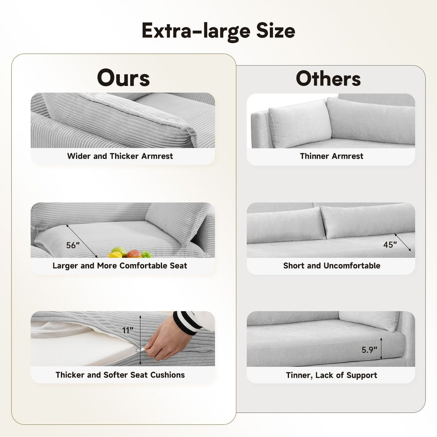 Canapé sectionnel en velours côtelé avec poufs amovibles et coussins ultra-doux pour salon et chambre