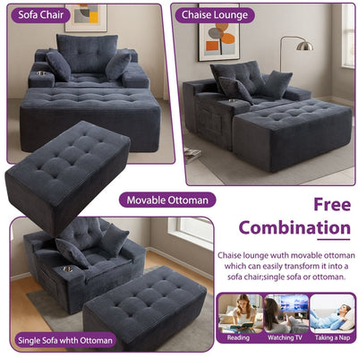 Canapé pouf rembourré en velours côtelé et mousse à mémoire de forme avec pouf - 48,4 L x 67,7 l x 24,4 H