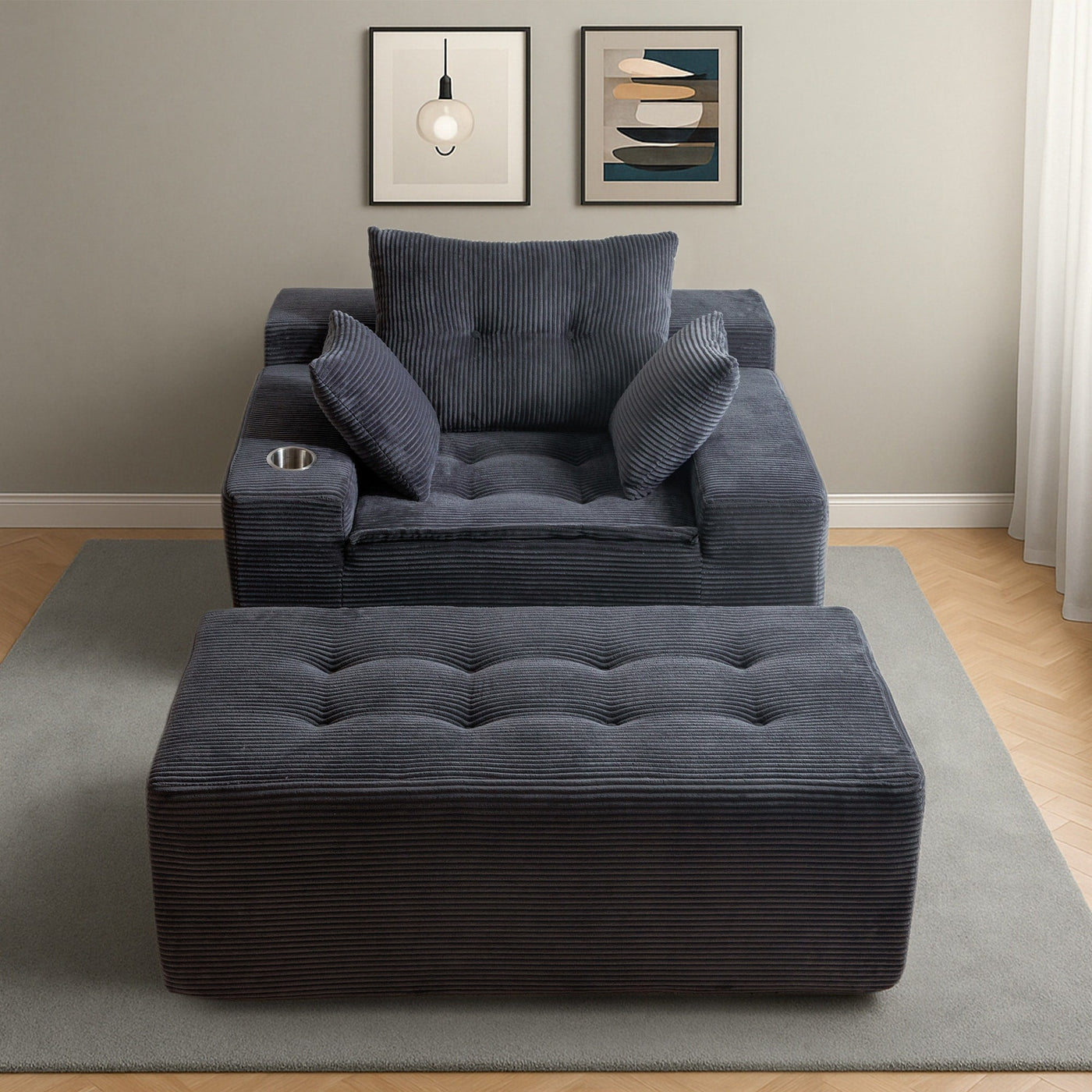 Canapé pouf rembourré en velours côtelé et mousse à mémoire de forme avec pouf - 48,4 L x 67,7 l x 24,4 H