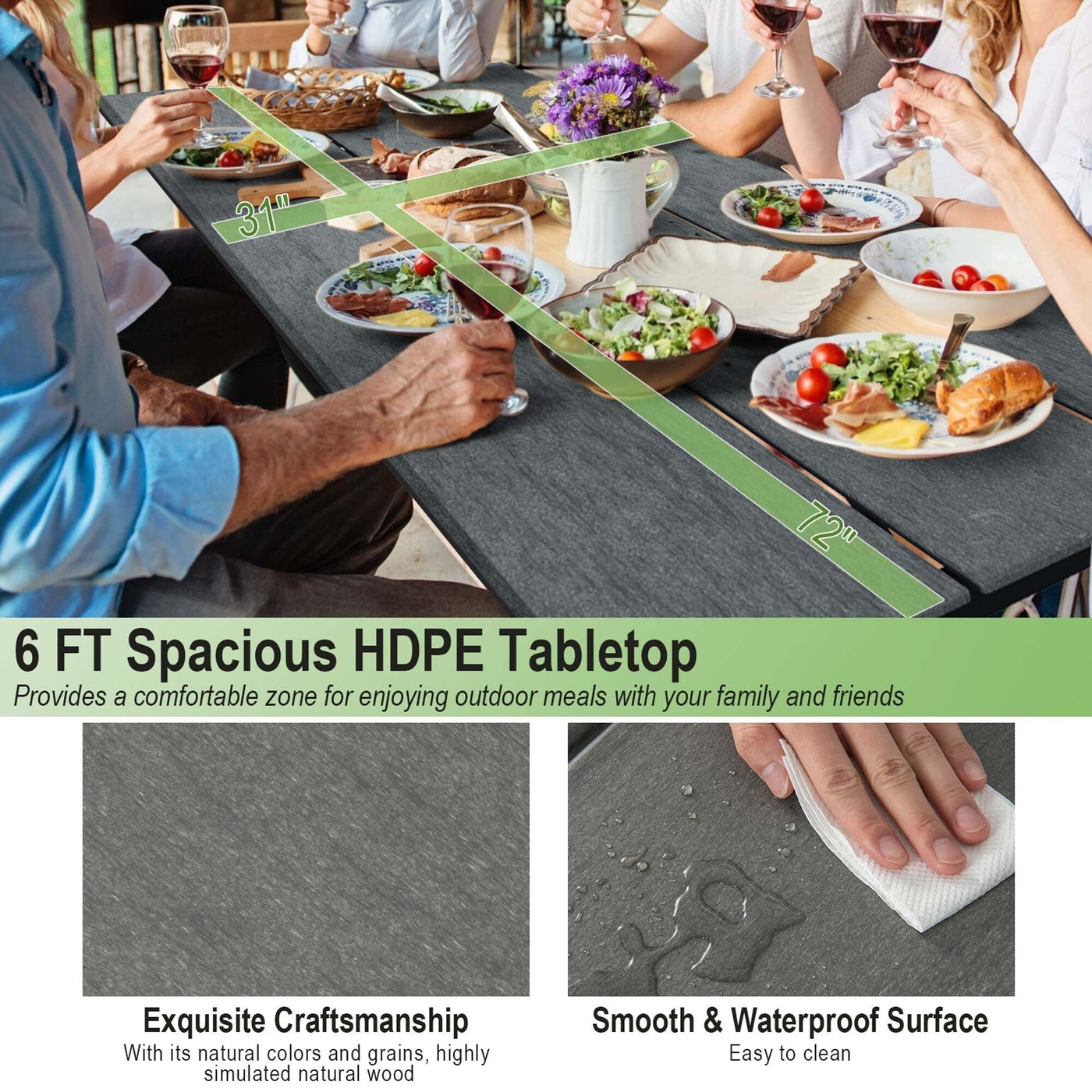 Ensemble table de pique-nique et banc Costway 6 pieds en PEHD robuste pour extérieur - Voir les détails