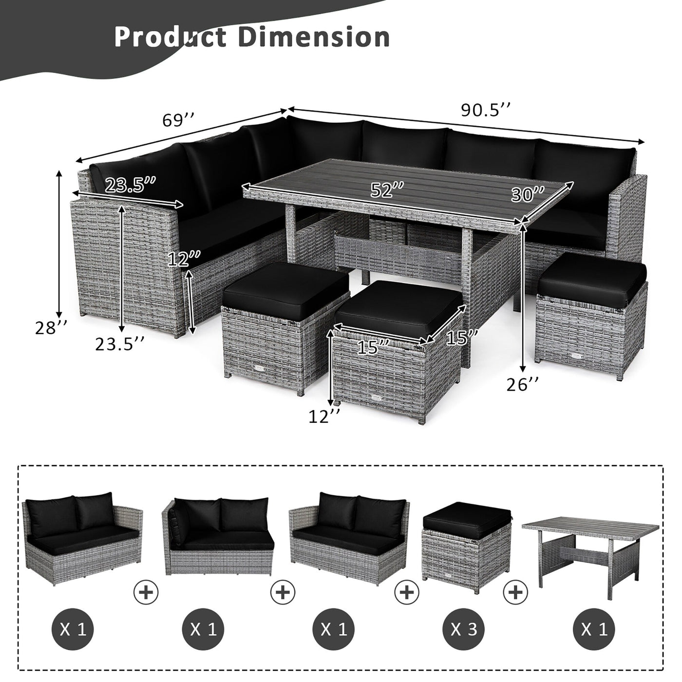 Ensemble de salle à manger en rotin Costway 7 pièces avec canapé sectionnel et pouf - Voir les détails
