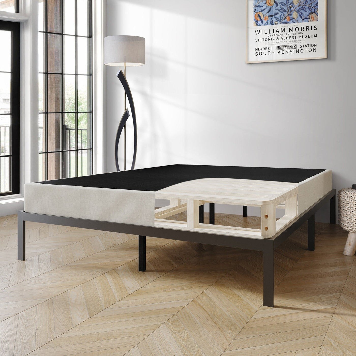 Sommier à ressorts en bois massif CraftPorch de 5 pouces avec lattes en bois et revêtement en lin gris chaud