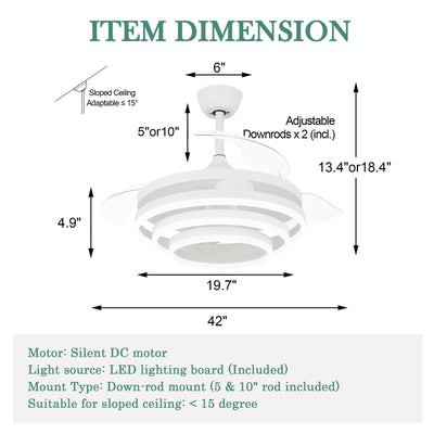 Ventilateur de plafond rétractable Cusp Barn 42 avec lumières et télécommande DIY Forme Fandelier Moderne Silencieux Moteur CC Plafonnier LED