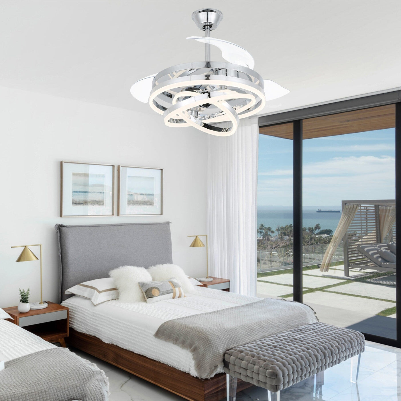 Ventilateur de plafond rétractable Cusp Barn 42 avec lumières et télécommande DIY Forme Fandelier Moderne Silencieux Moteur CC Plafonnier LED