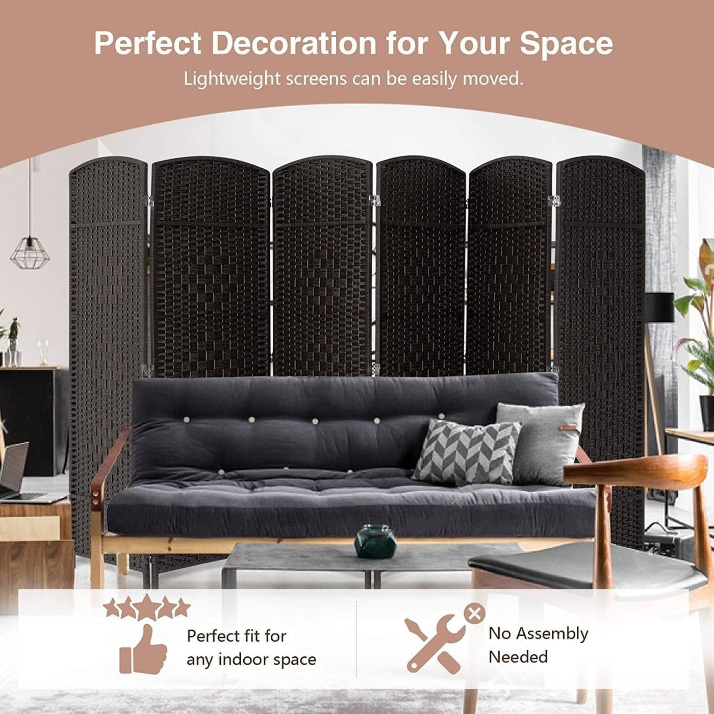 Paravent de séparation de pièce de 6 pieds de haut en fibre tissée, écran de confidentialité autoportant, écran pliant