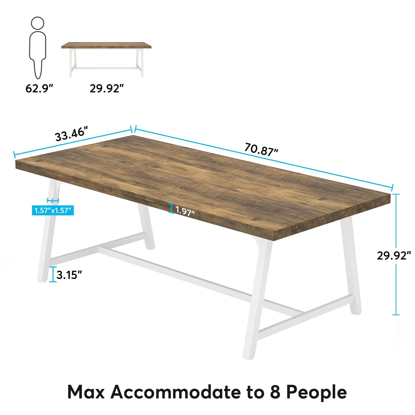 Table à manger rectangulaire en bois pour 8 personnes, 180 cm