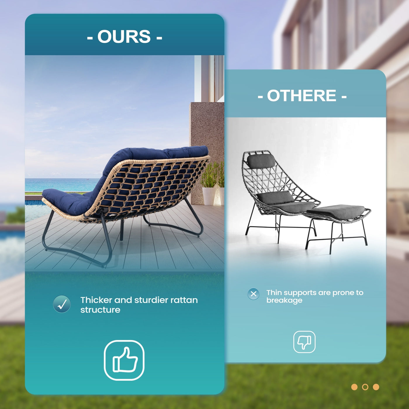 Fauteuil Papasan double avec coussin, rotin PE toutes saisons et cadre en métal pour intérieur et extérieur