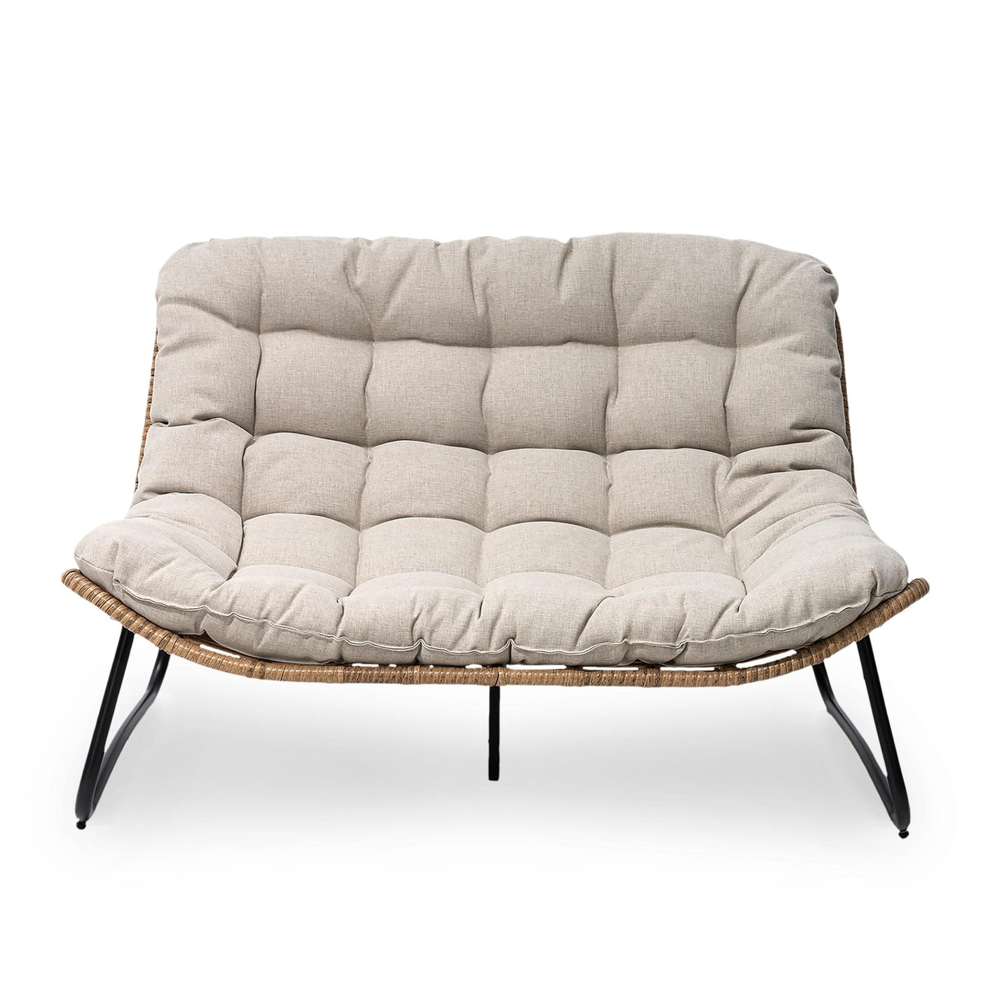 Fauteuil Papasan double avec coussin, rotin PE toutes saisons et cadre en métal pour intérieur et extérieur