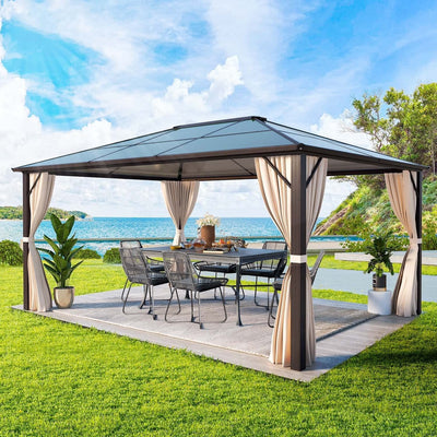 Tonnelle à toit rigide pour jardin – Pergola permanente avec filet, rideaux et double toit, abri extérieur toutes saisons