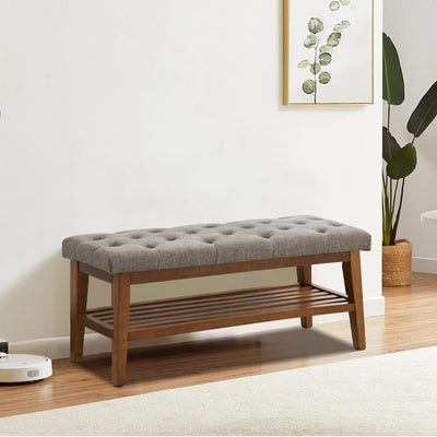 Banc à chaussures d'entrée, banc de rangement en tissu et bois massif, banc rembourré de 43 pouces pour salon et chambres