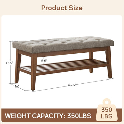 Banc à chaussures d'entrée, banc de rangement en tissu et bois massif, banc rembourré de 43 pouces pour salon et chambres