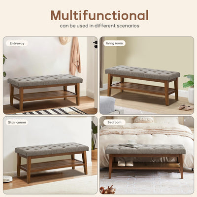 Banc à chaussures d'entrée, banc de rangement en tissu et bois massif, banc rembourré de 43 pouces pour salon et chambres