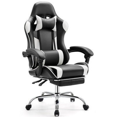 Fauteuil de jeu ergonomique pivotant à 360° en cuir PU avec repose-pieds, appui-tête, support lombaire et hauteur réglable