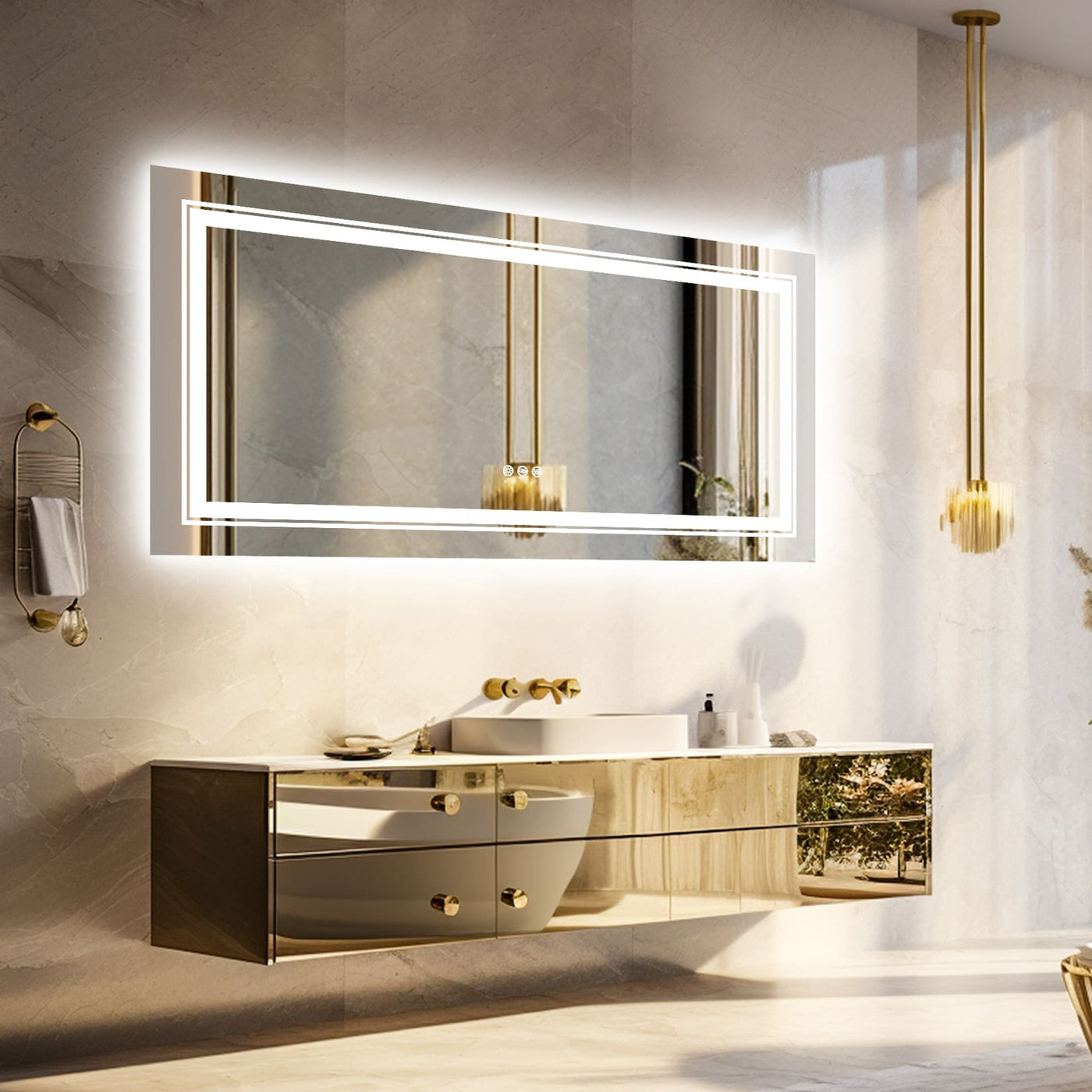 Miroir de salle de bain extra large avec éclairage LED, antibuée, 3 couleurs