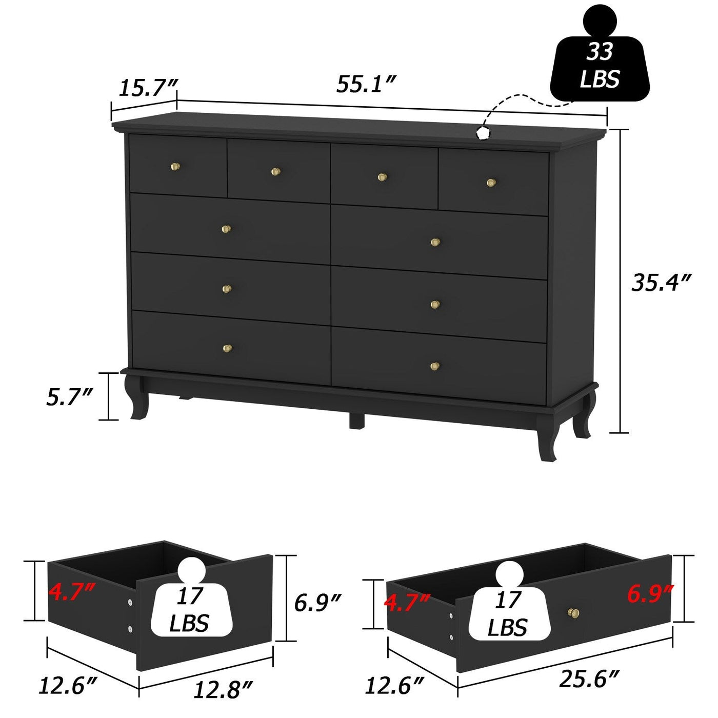 Commode double à 10 tiroirs pour chambre à coucher, commode blanche, grand espace de rangement