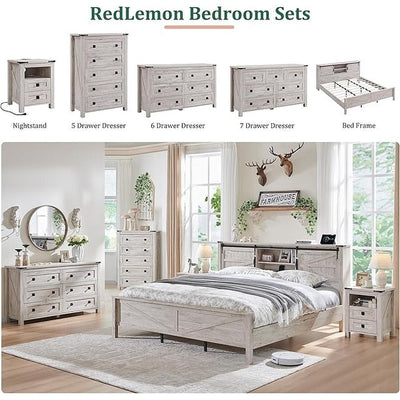 Commode haute en bois à 5 tiroirs de style ferme, commode pour chambre à coucher