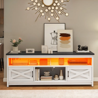 Meuble TV Farmhouse pouvant accueillir jusqu'à 65 téléviseurs avec portes et étagères ouvertes Console multimédia Prise de courant