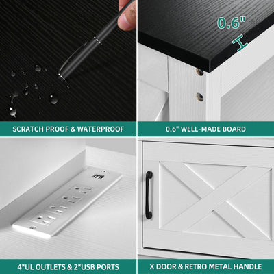 Meuble TV Farmhouse pouvant accueillir jusqu'à 65 téléviseurs avec portes et étagères ouvertes Console multimédia Prise de courant