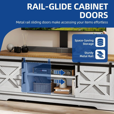 Meuble TV Farmhouse pouvant accueillir jusqu'à 65 téléviseurs avec portes et étagères ouvertes Console multimédia Prise de courant