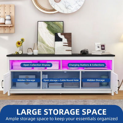 Meuble TV Farmhouse pouvant accueillir jusqu'à 65 téléviseurs avec portes et étagères ouvertes Console multimédia Prise de courant