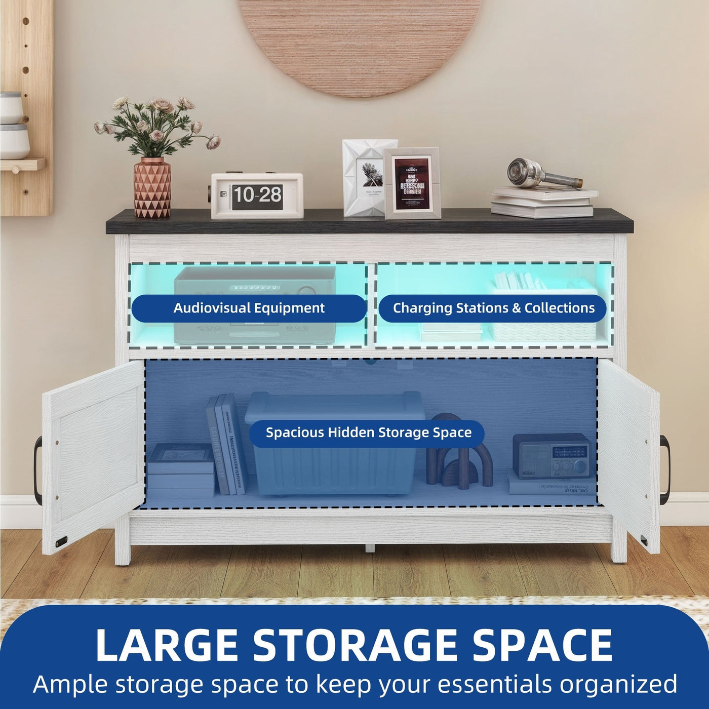 Meuble TV Farmhouse pouvant accueillir jusqu'à 65 téléviseurs avec portes et étagères ouvertes Console multimédia Prise de courant