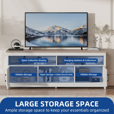 Meuble TV Farmhouse pouvant accueillir jusqu'à 65 téléviseurs avec portes et étagères ouvertes Console multimédia Prise de courant