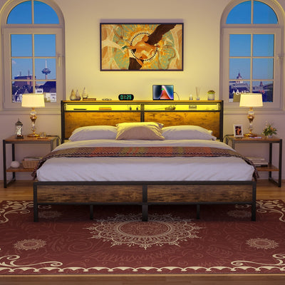 Cadre de lit plateforme en bois de style ferme avec station de charge et lumières LED