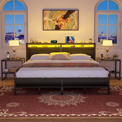 Cadre de lit plateforme en bois de style ferme avec station de charge et lumières LED