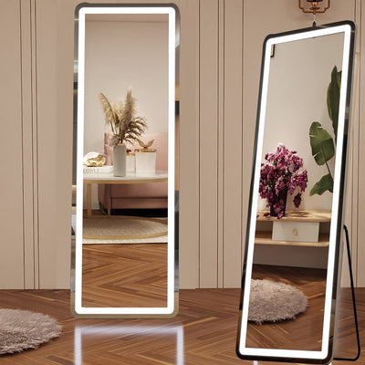 Miroir de sol avec éclairage LED, miroir pleine longueur 64 x 21 avec support, miroir suspendu, miroir mural, miroir intégral