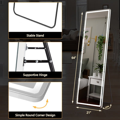 Miroir de sol avec éclairage LED, miroir pleine longueur 64 x 21 avec support, miroir suspendu, miroir mural, miroir intégral