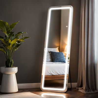 Miroir de sol avec éclairage LED, miroir pleine longueur 64 x 21 avec support, miroir suspendu, miroir mural, miroir intégral