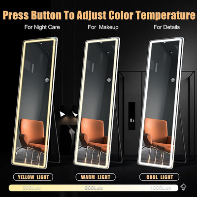 Miroir de sol avec éclairage LED, miroir pleine longueur 64 x 21 avec support, miroir suspendu, miroir mural, miroir intégral