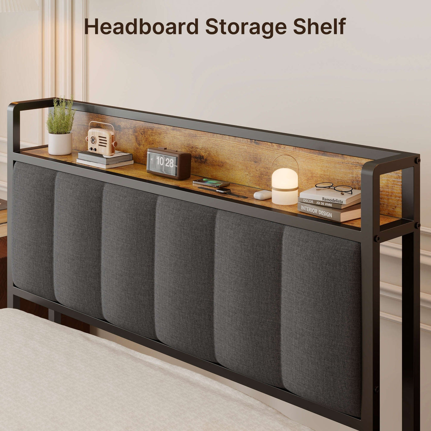 Cadre de lit plateforme en métal pour lit simple, double, queen ou king size avec tête de lit rembourrée et rangement