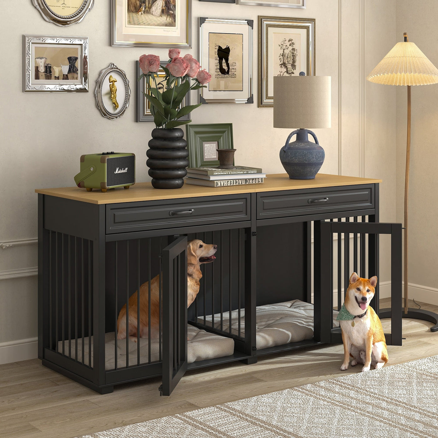 Cage pour chien de style meuble, niche en bois de 64,5 pouces pour grand chien