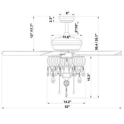 Ventilateur de plafond Garlow noir mat à 5 pales avec lustre en cristal et coupelles en forme de fleurs (télécommande incluse) - 52 pouces de diamètre