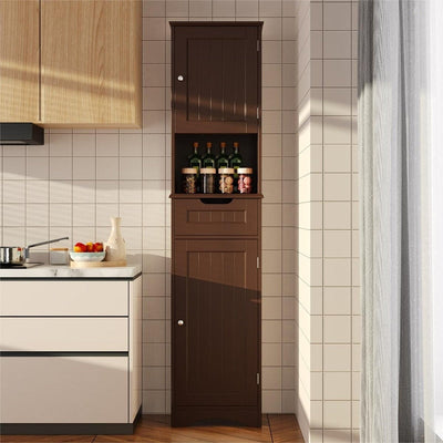 Armoire à linge étroite de salle de bain de 67 po de hauteur, meuble de rangement autoportant en bois massif à 5 niveaux