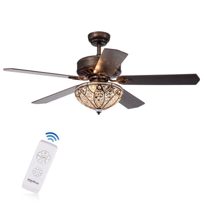 Ventilateur de plafond éclairé à 5 pales en bronze rustique Gliska avec abat-jour en cristal