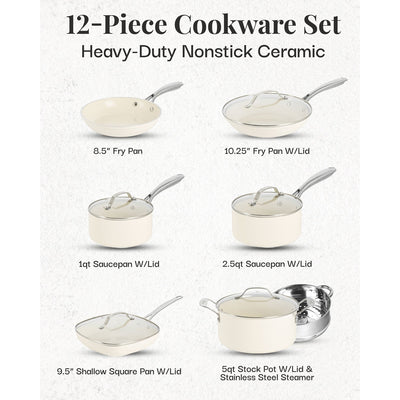Batterie de cuisine Gotham Steel Cream 12 pièces, casseroles et poêles, en céramique ultra antiadhésive avec poignées isolantes