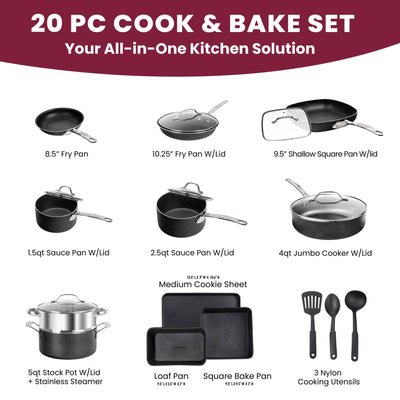 Ensemble de 20 casseroles et poêles antiadhésives Granitestone, ustensiles de cuisine et de pâtisserie