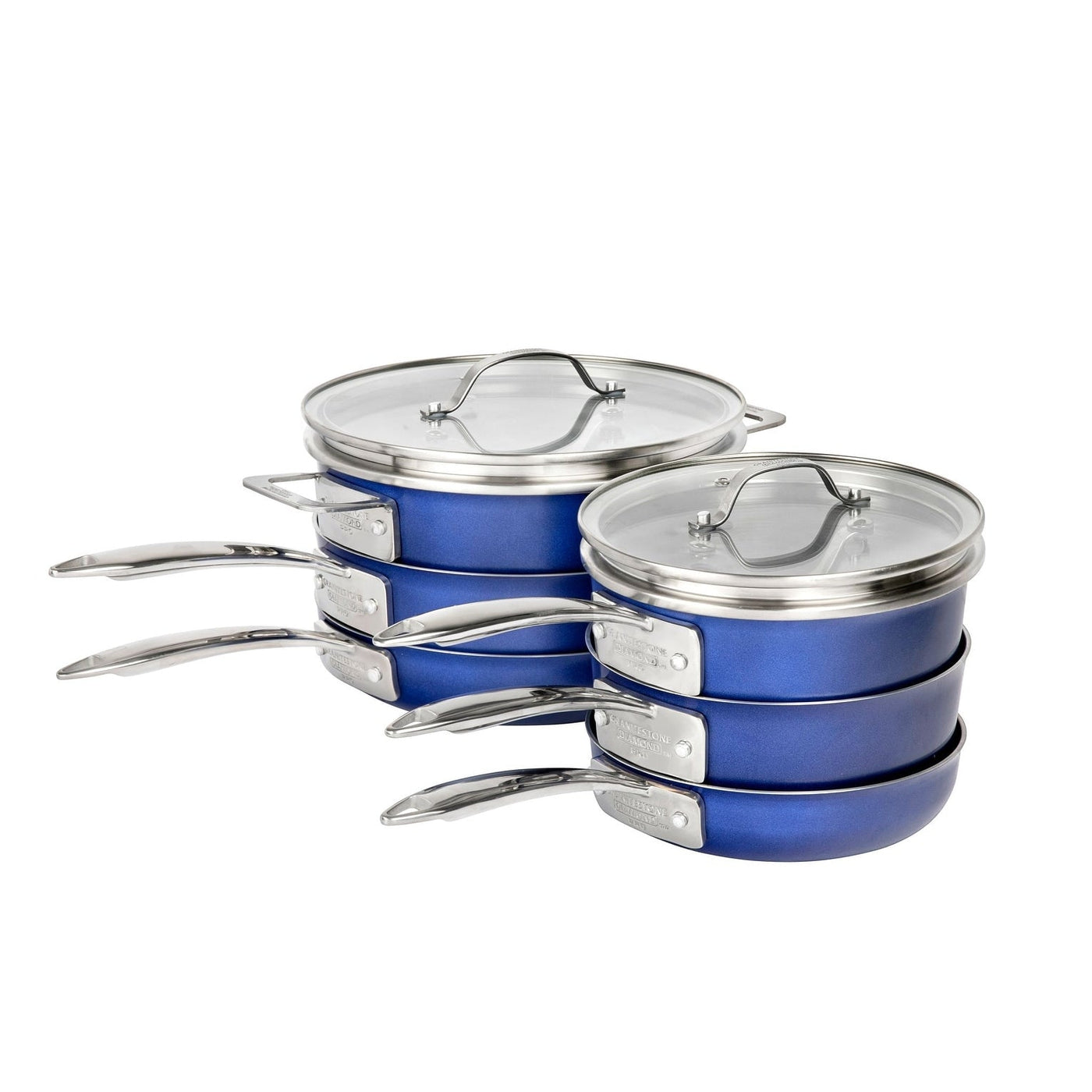 Batterie de cuisine antiadhésive Stackmaster Granitestone Blue 15 pièces avec couvercles en verre