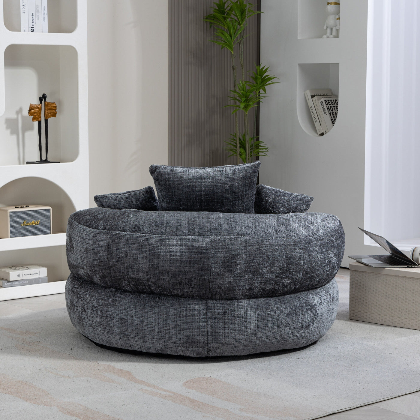 Canapé poire simple gris surdimensionné en chenille de 42,52 pouces avec trois oreillers pour chambre à coucher