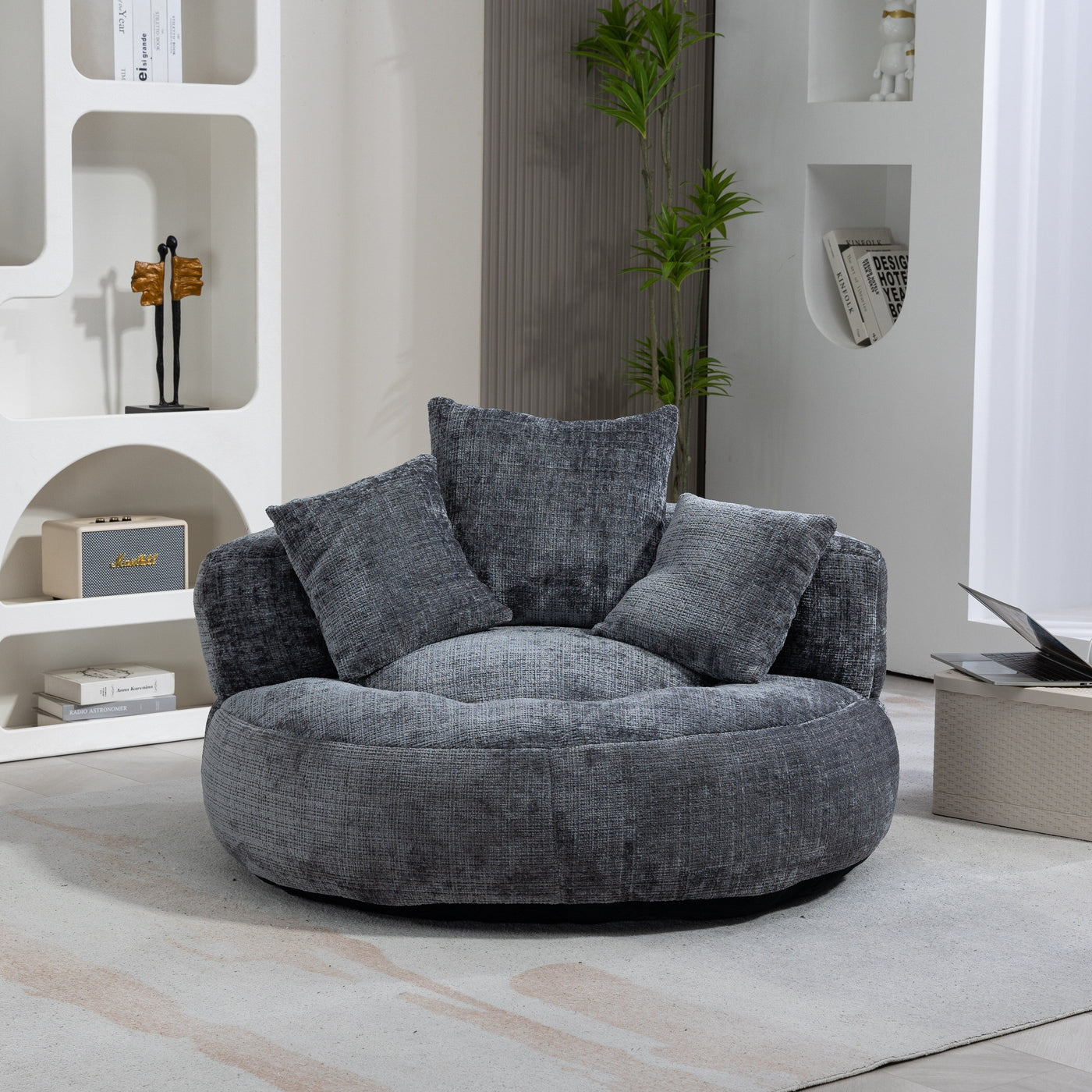 Canapé poire simple gris surdimensionné en chenille de 42,52 pouces avec trois oreillers pour chambre à coucher