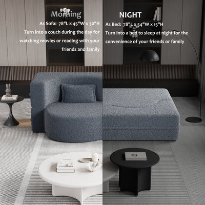 Canapé-lit convertible en tissu Teddy gris 78 pouces, garni de mousse, avec 2 oreillers et matelas pliant pour le salon