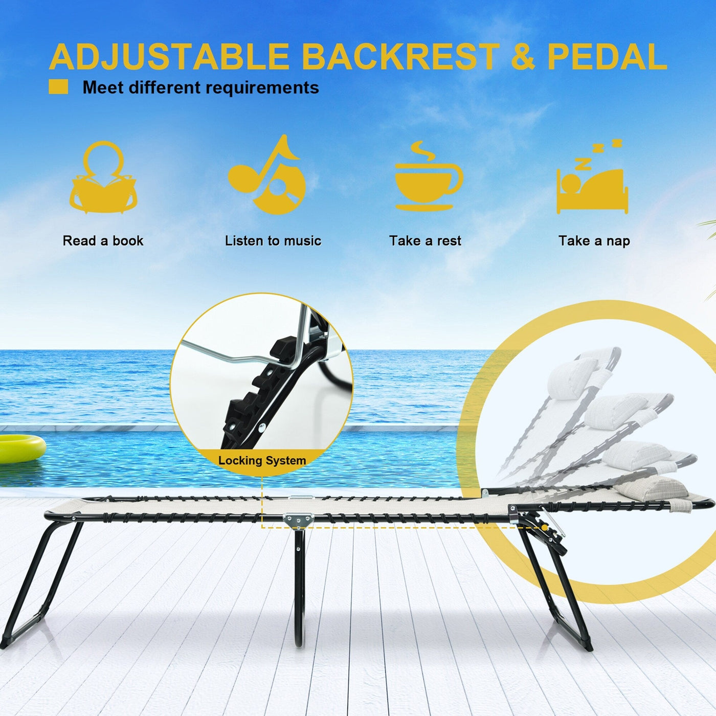 Chaise longue de plage pliante Gymax avec oreiller, 4 niveaux