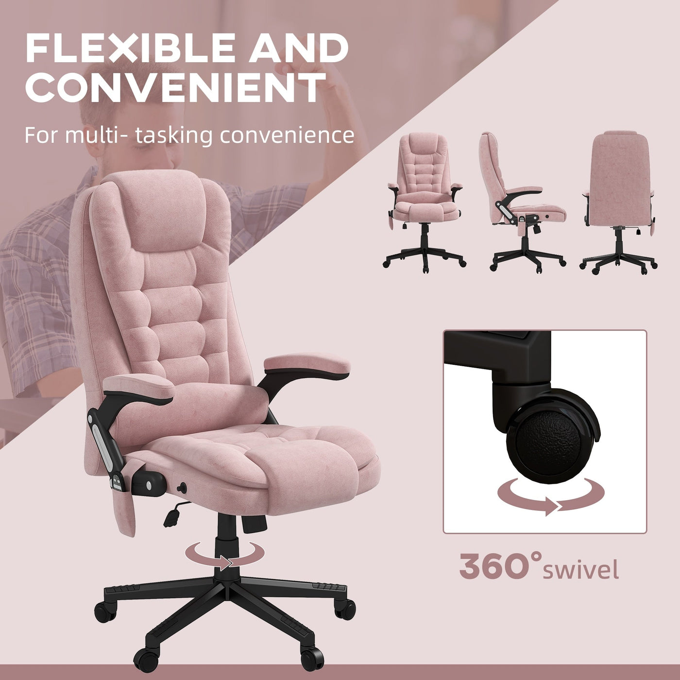 Fauteuil de bureau HOMCOM à 6 points de massage vibrant et chauffant, dossier haut en velours avec dossier inclinable