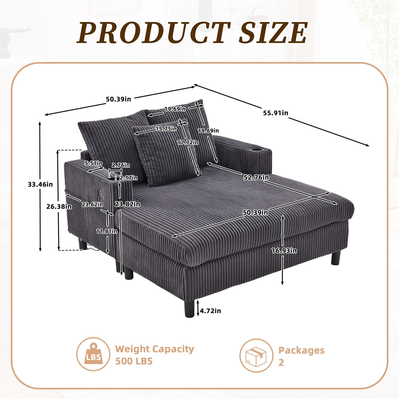 Canapé-lit inclinable surdimensionné HOMEFUN en velours côtelé avec éclairage LED RVB, porte-gobelet, port USB et 3 oreillers