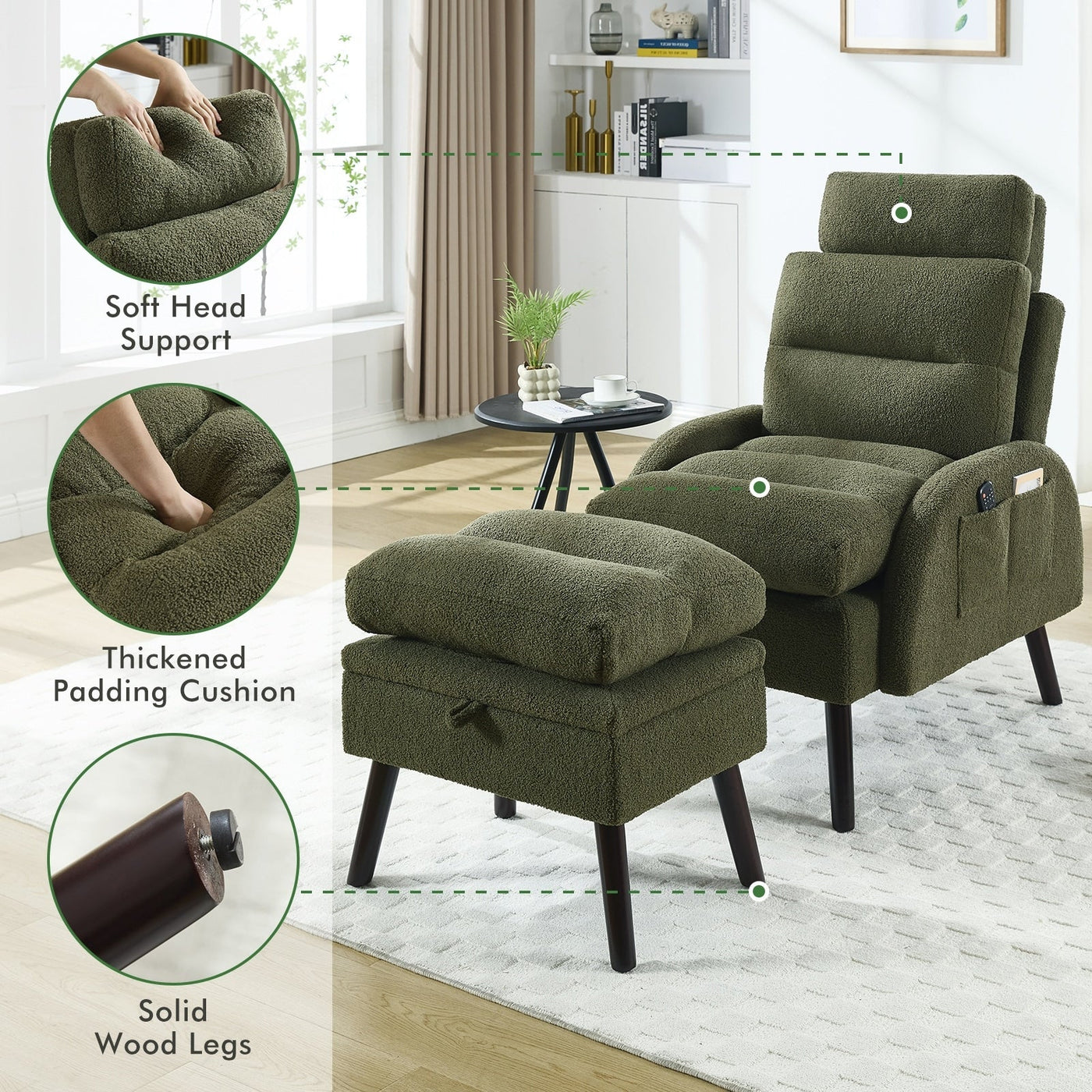 Fauteuil d'appoint HOMYKA avec dossier réglable et pouf de rangement